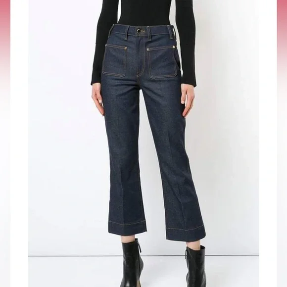 KHAITE Raquel Dark Patch Pocket Blue Flare Crop Jeans 25 - Picture 3 of 11